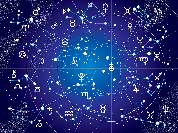 XII Constellations of Zodiac and Its Planets the Sovereigns. Astrological Celestial Chart. (Ultraviolet Blueprint version).