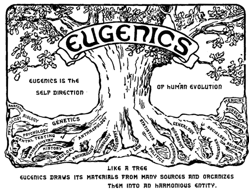 „Евгениката е самонасочване на човешката еволюция“ – лого на Втория международнен конгрес по евгеника, проведен през 1921 г., изобразяващ дърво, което обединява различни клонове на науката.